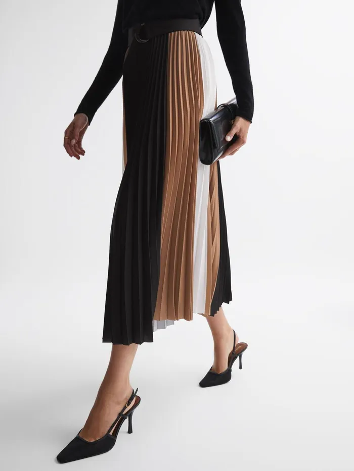 Women Reiss Skirts Ava Colourblock Pleated Midi Skirt Blackcamel