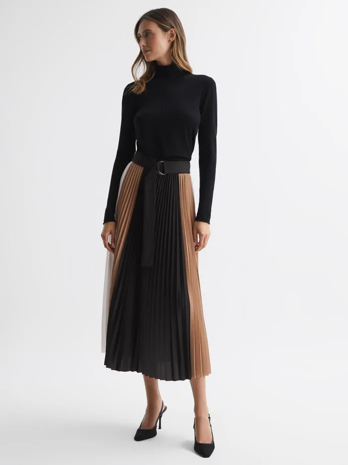Women Reiss Skirts Ava Colourblock Pleated Midi Skirt Blackcamel