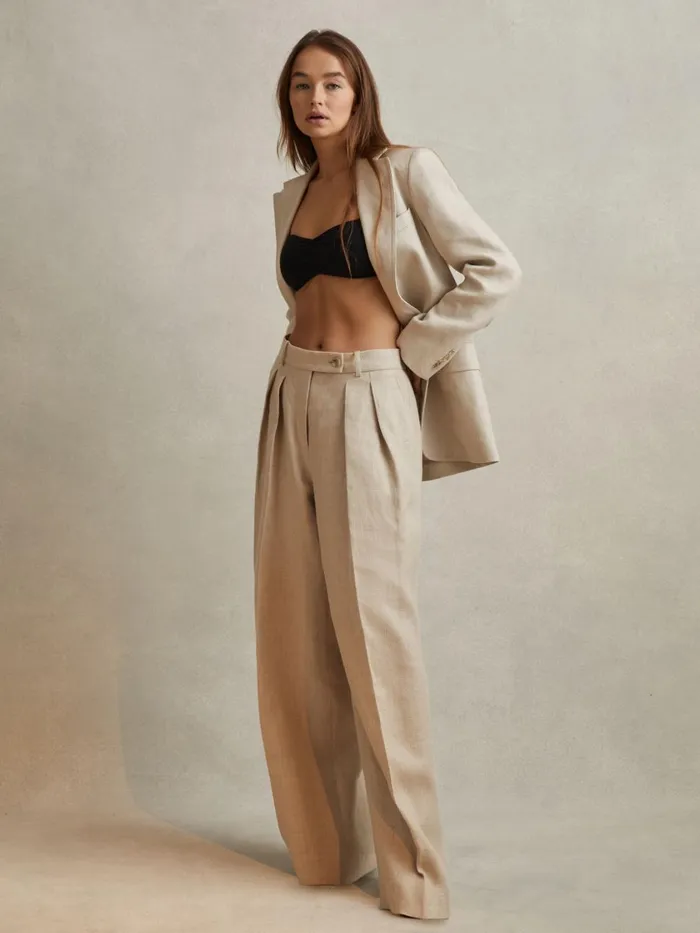 Women Reiss Suits and Tailoring Cassie Linen Wide Leg Suit Trousers Natural