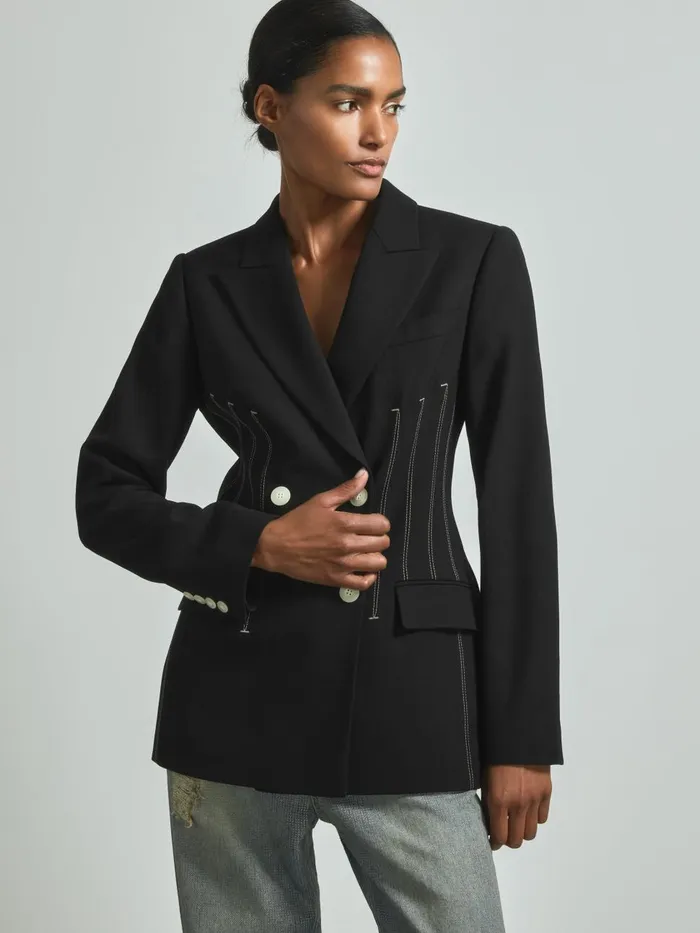 Women Reiss Suits and Tailoring Double Breasted Corset Stitch Blazer Black