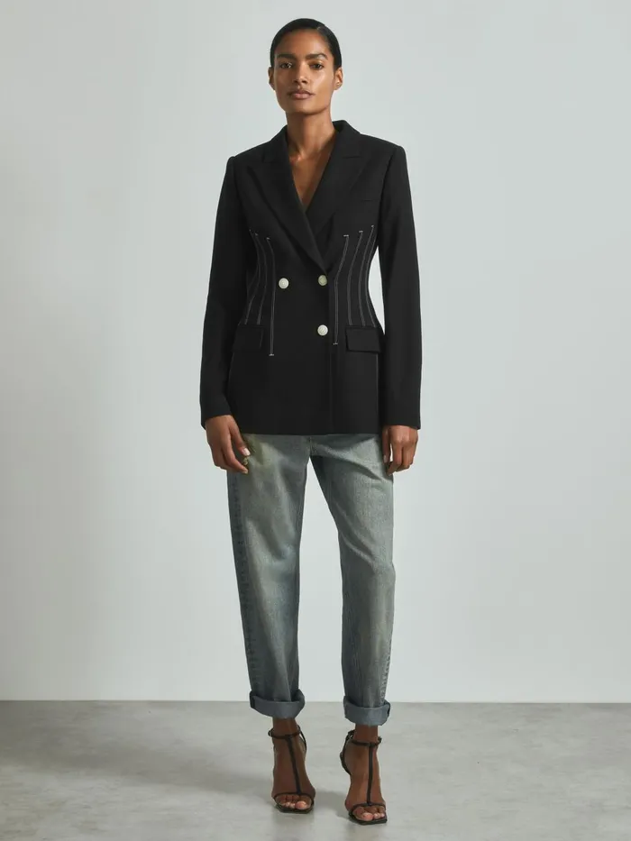 Women Reiss Suits and Tailoring Double Breasted Corset Stitch Blazer Black