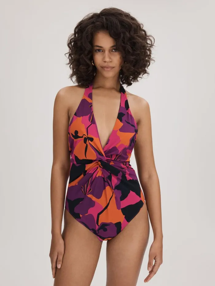 Women Reiss Swimwear Printed Twist Front Swimsuit Pinkorange