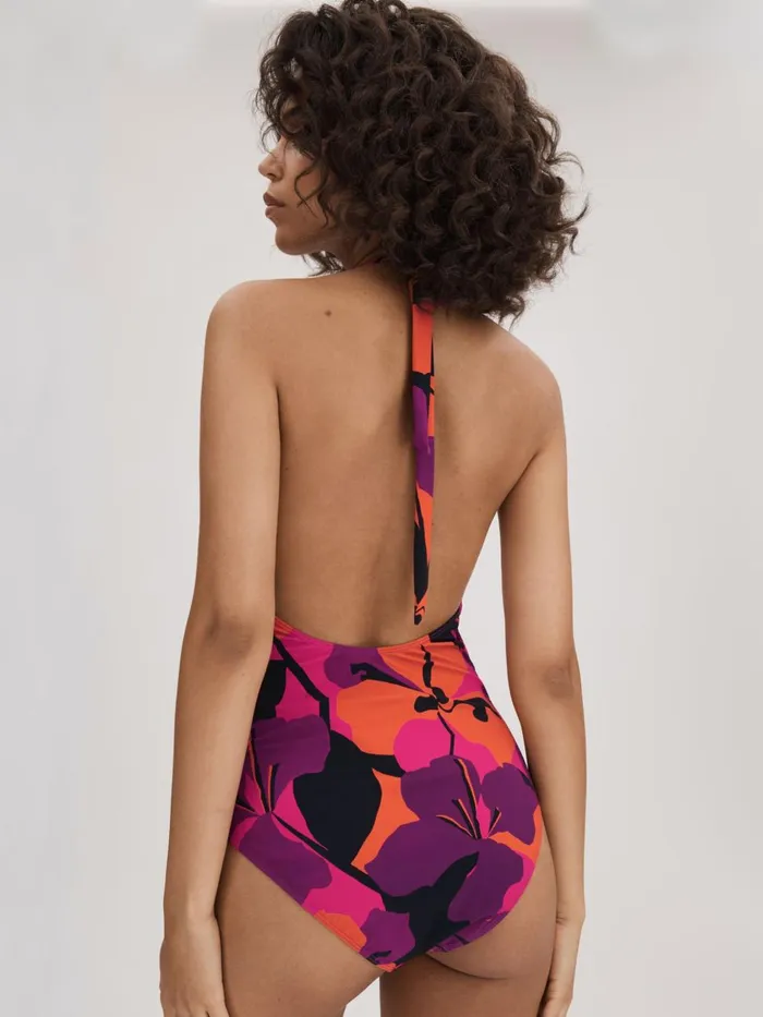 Women Reiss Swimwear Printed Twist Front Swimsuit Pinkorange
