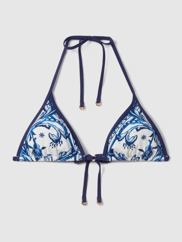 Women Reiss Swimwear Tina Printed Contrast Trim Bikini Top Blue Print