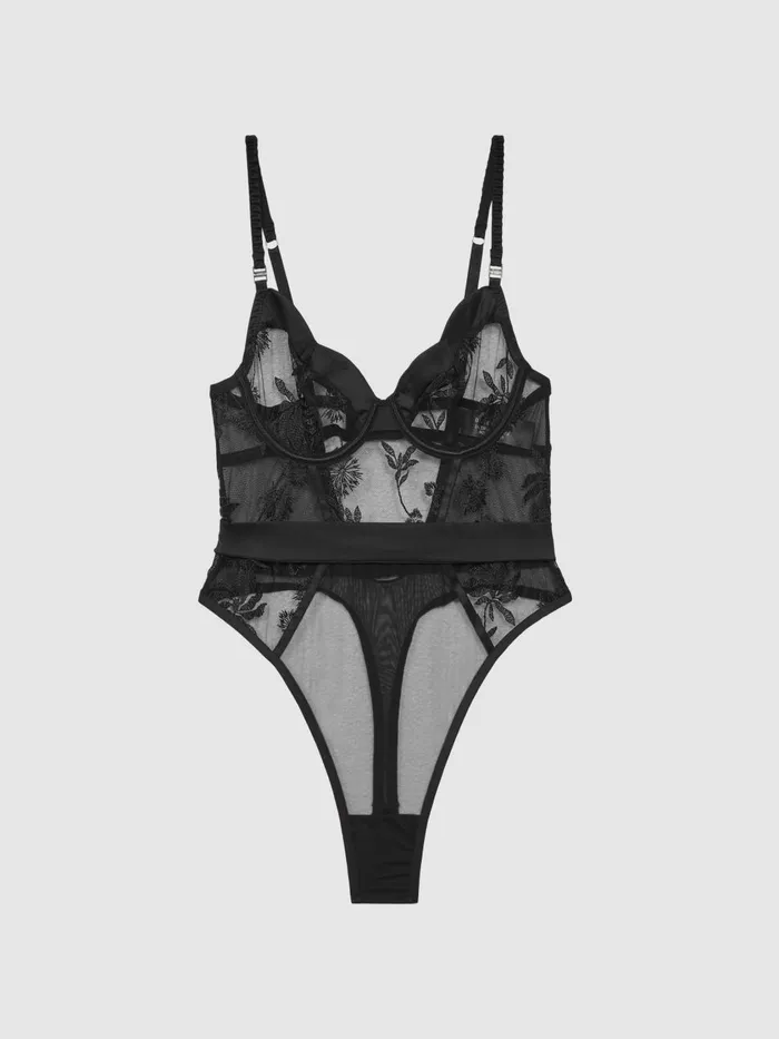 Women Reiss Tops Lace Embroidered Bodysuit Black