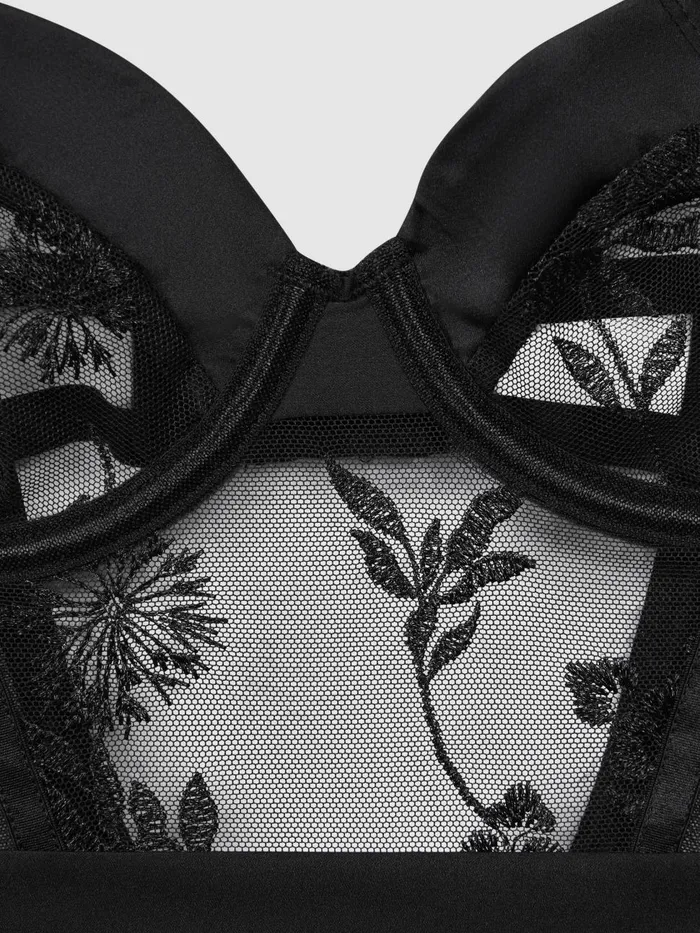 Women Reiss Tops Lace Embroidered Bodysuit Black
