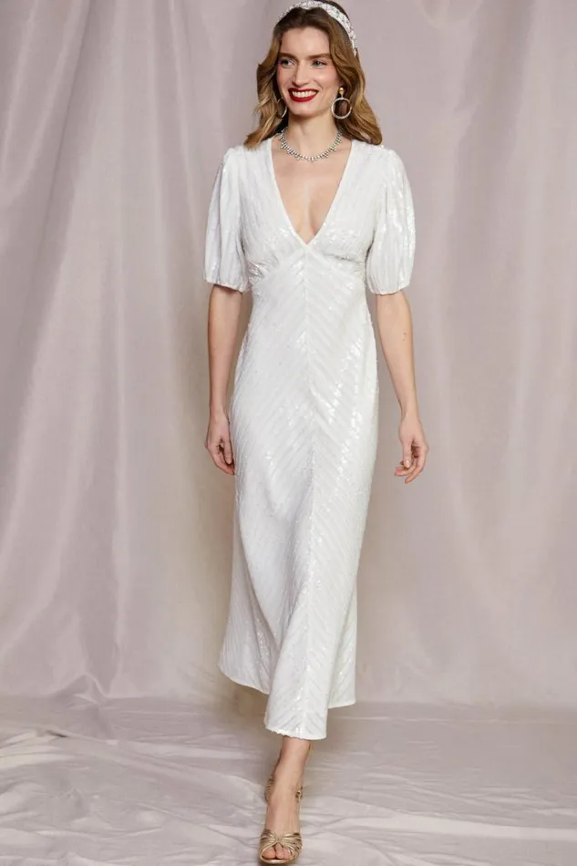 Women RIXO All Bridal Steph Midi Dress Ivory Sequin