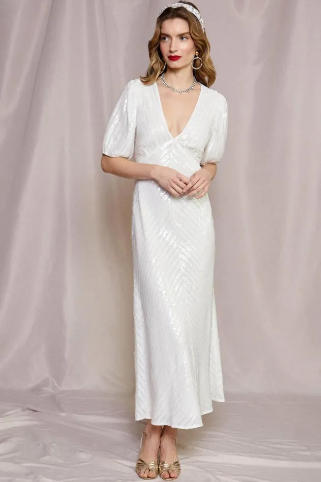 Women RIXO All Bridal Steph Midi Dress Ivory Sequin