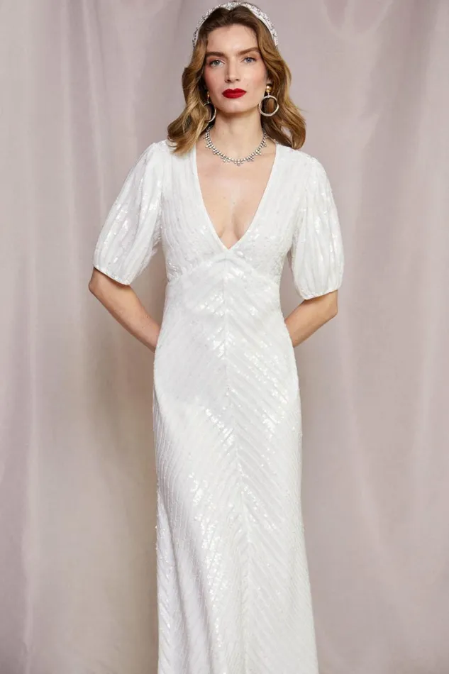Women RIXO All Bridal Steph Midi Dress Ivory Sequin