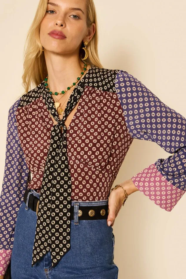 Women RIXO All Clothing Abel TieNeck Silk Blouse Shibori Burgundy Mix