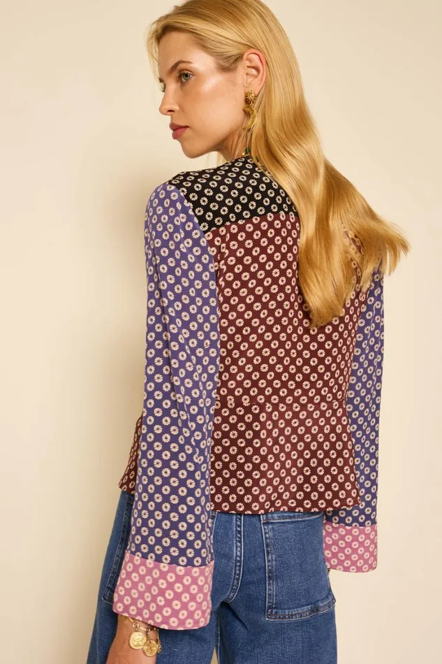 Women RIXO All Clothing Abel TieNeck Silk Blouse Shibori Burgundy Mix