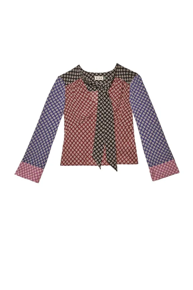 Women RIXO All Clothing Abel TieNeck Silk Blouse Shibori Burgundy Mix