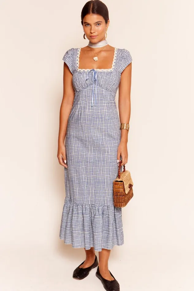 Women RIXO All Clothing Isla Cotton Midi Dress Painted Check Soft Blue