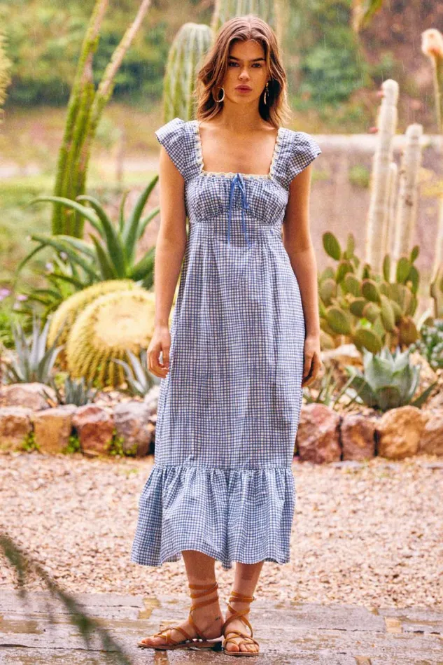 Women RIXO All Clothing Isla Cotton Midi Dress Painted Check Soft Blue