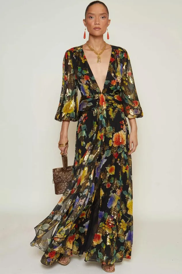 Women RIXO All Clothing Meera SilkBlend Gown Ombr Bloom Black