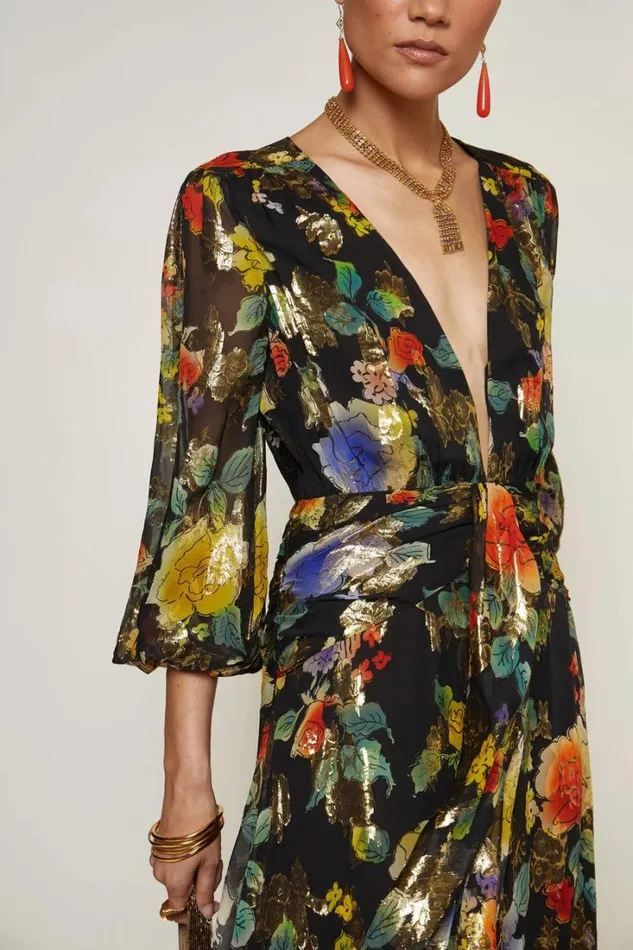 Women RIXO All Clothing Meera SilkBlend Gown Ombr Bloom Black