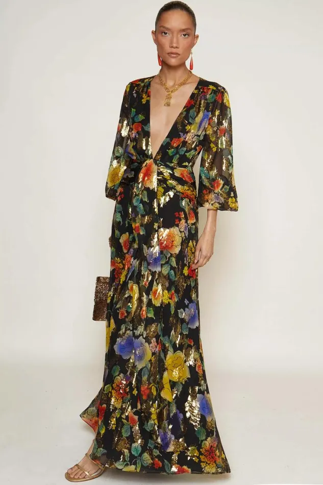Women RIXO All Clothing Meera SilkBlend Gown Ombr Bloom Black