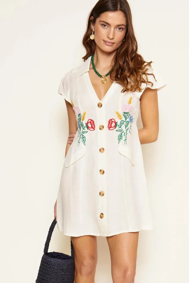 Women RIXO All Clothing Raine Embroidered Dress Posy Embroidery Cream