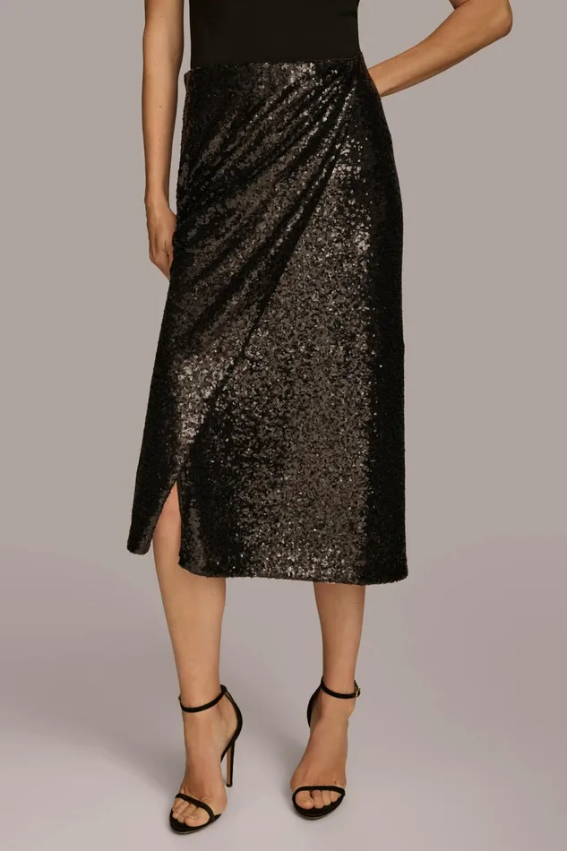 Women Skirts Donna Karan FAUX WRAP SEQUIN SKIRT Black