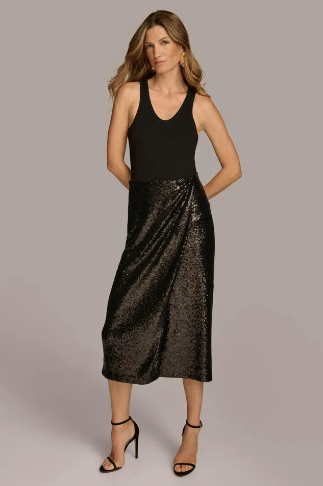 Women Skirts Donna Karan FAUX WRAP SEQUIN SKIRT Black