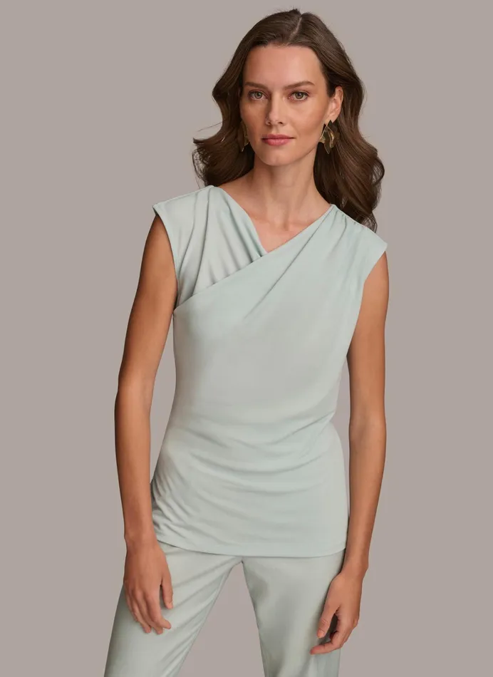 Women Sweaters And Tops Donna Karan ASYMMETRICAL DRAPE SHOULDER TOP Blue Frost