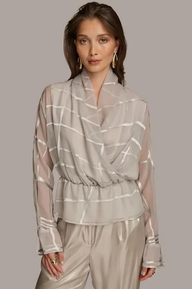 Women Sweaters And Tops Donna Karan BURNOUT FAUX WRAP BLOUSE Pavement