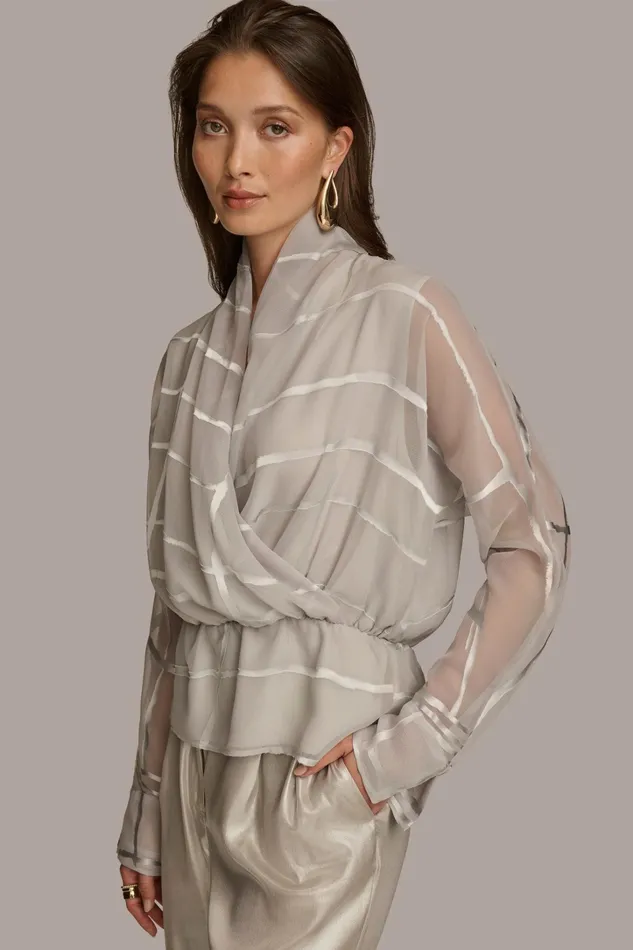 Women Sweaters And Tops Donna Karan BURNOUT FAUX WRAP BLOUSE Pavement