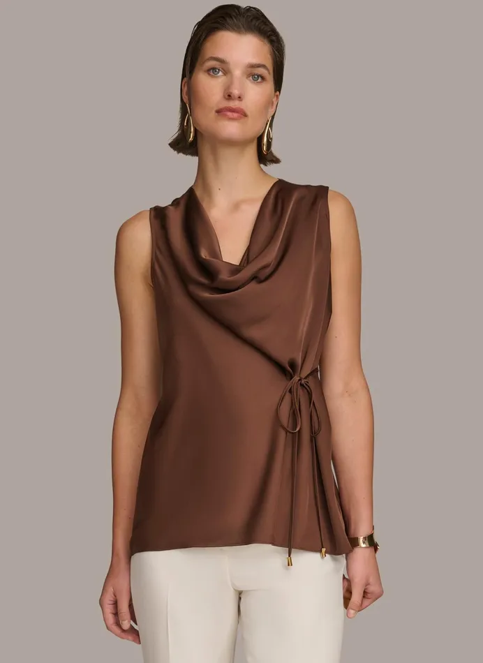 Women Sweaters And Tops Donna Karan DRAPE NECK WITH SIDE TIE TOP Canyon
