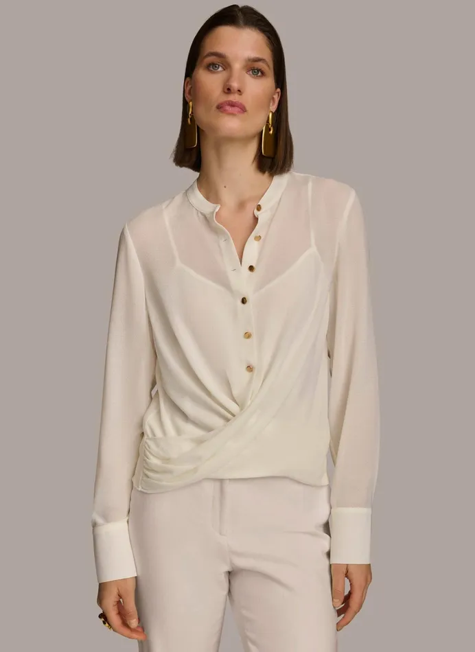 Women Sweaters And Tops Donna Karan FAUX WRAP TOP Cream