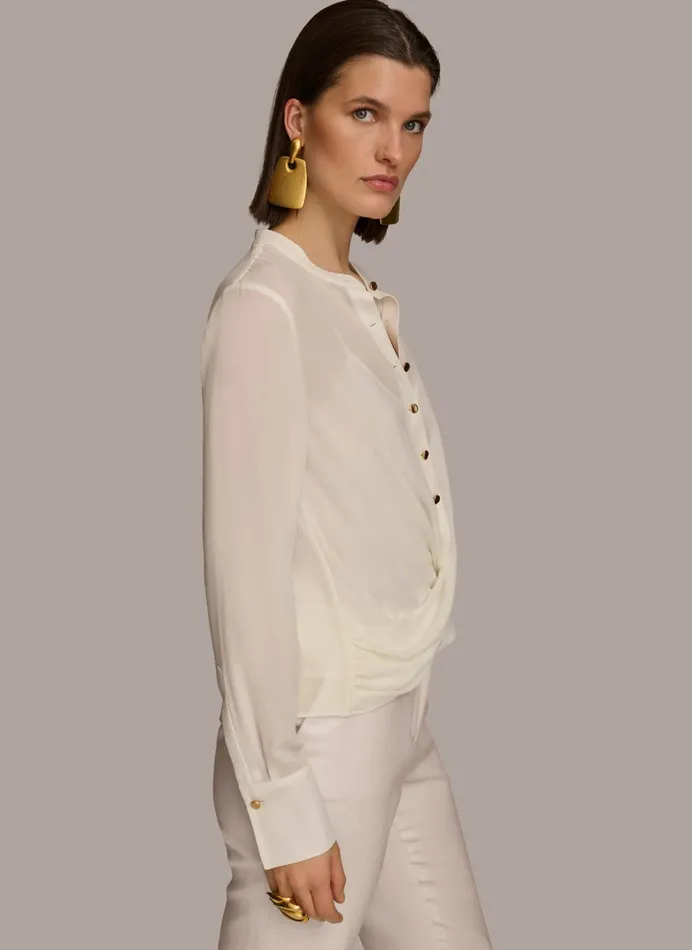 Women Sweaters And Tops Donna Karan FAUX WRAP TOP Cream