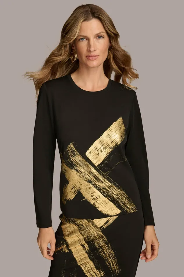 Women Sweaters And Tops Donna Karan GOLD PAINT PRINT TOP Black