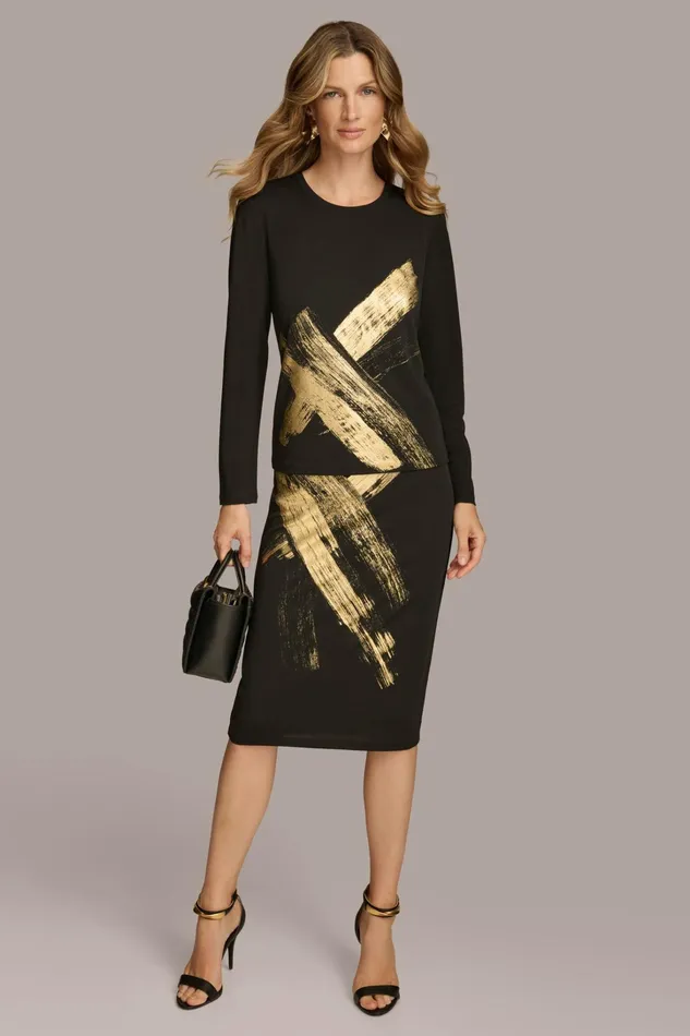 Women Sweaters And Tops Donna Karan GOLD PAINT PRINT TOP Black