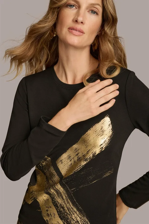Women Sweaters And Tops Donna Karan GOLD PAINT PRINT TOP Black
