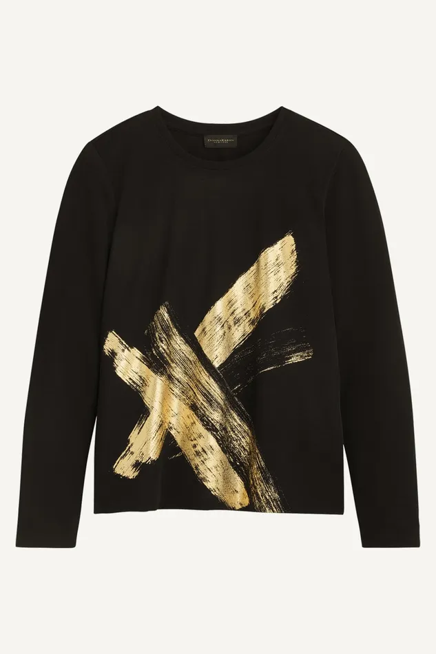 Women Sweaters And Tops Donna Karan GOLD PAINT PRINT TOP Black