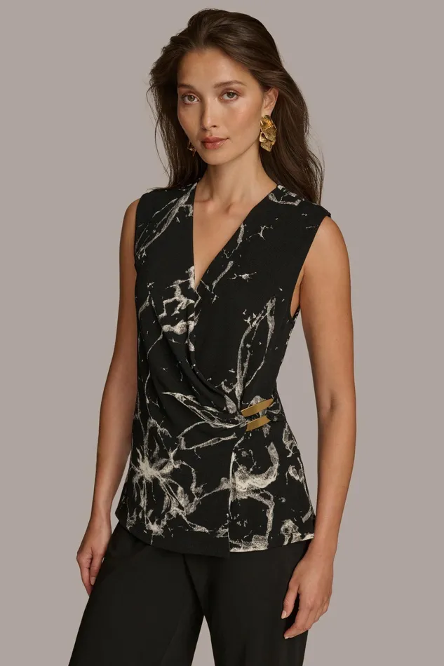 Women Sweaters And Tops Donna Karan PRINT FAUX WRAP WITH BAR HARDWARE Black