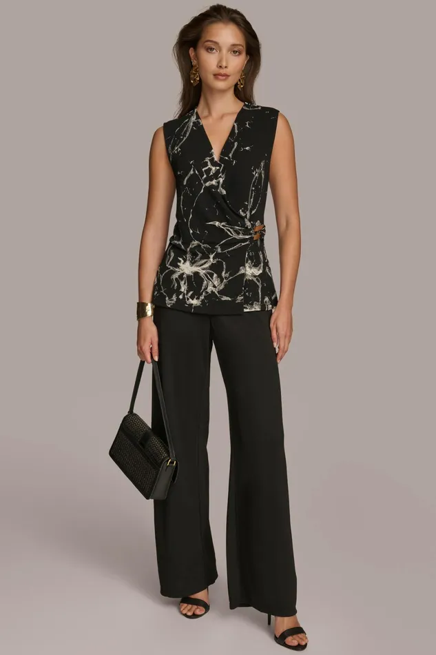 Women Sweaters And Tops Donna Karan PRINT FAUX WRAP WITH BAR HARDWARE Black