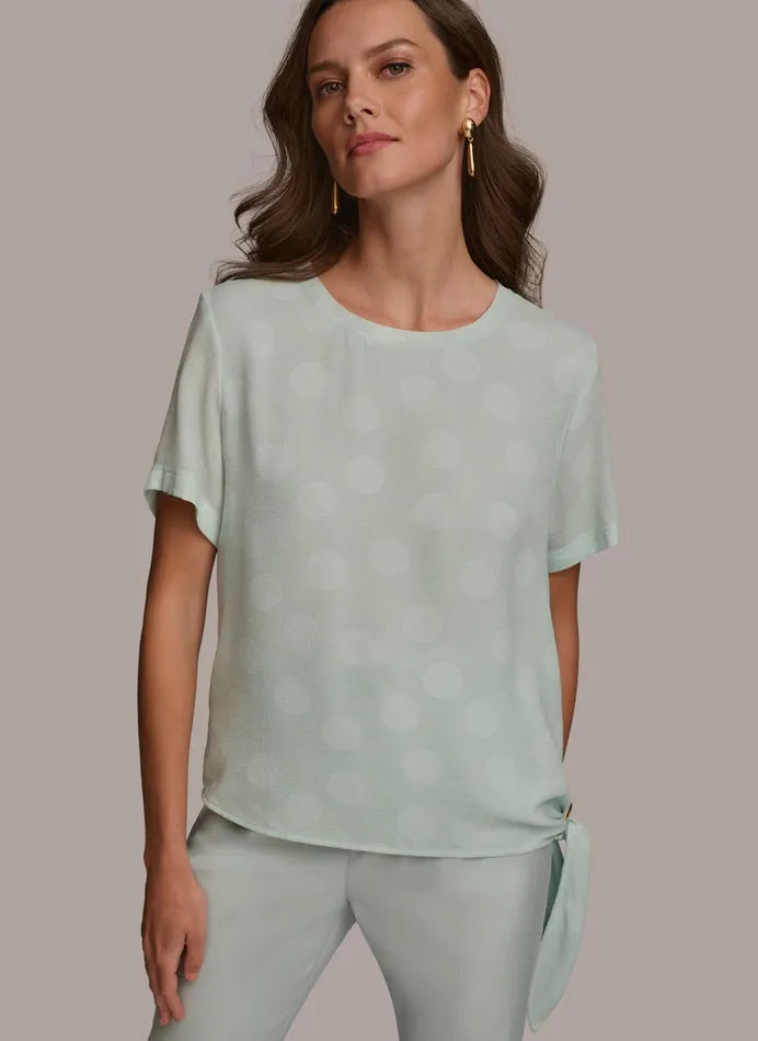 Women Sweaters And Tops Donna Karan PRINTED SIDE TIE BLOUSE Blue Frost Combo
