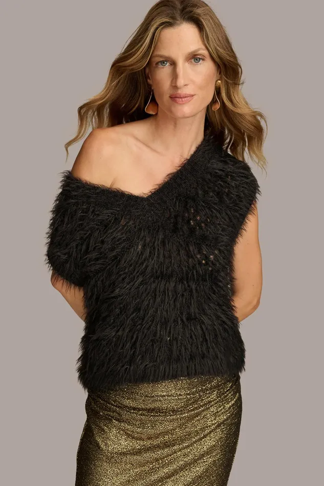 Women Sweaters And Tops Donna Karan VNECK EYELASH TOP Black