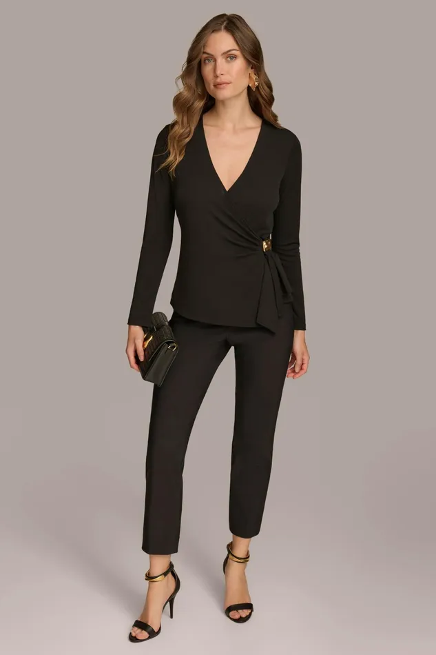Women Sweaters And Tops Donna Karan V NECK TOP WITH HARDWARE Black
