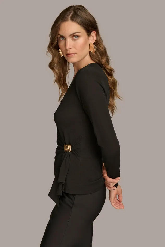 Women Sweaters And Tops Donna Karan V NECK TOP WITH HARDWARE Black