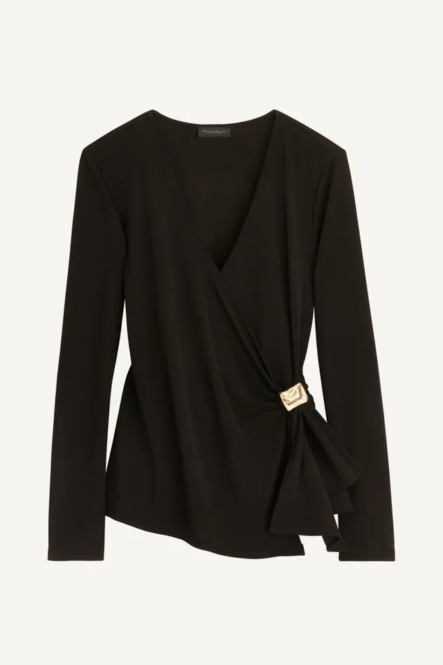 Women Sweaters And Tops Donna Karan V NECK TOP WITH HARDWARE Black