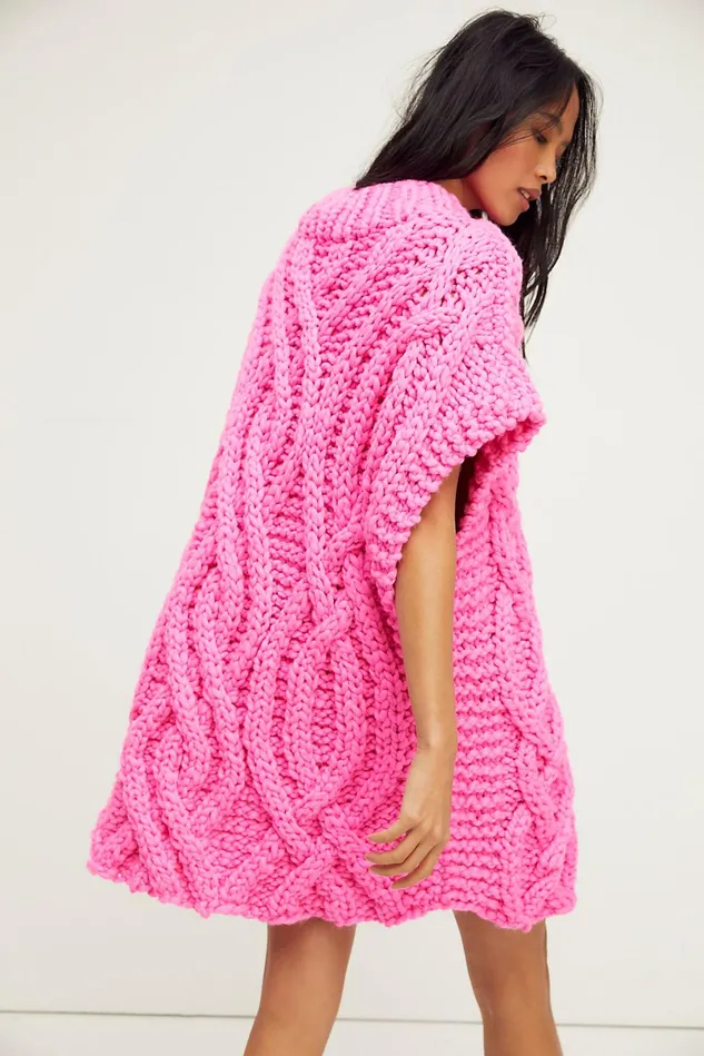 Women Sweaters Free People Mountain Cable Poncho Spicy Hot Pink