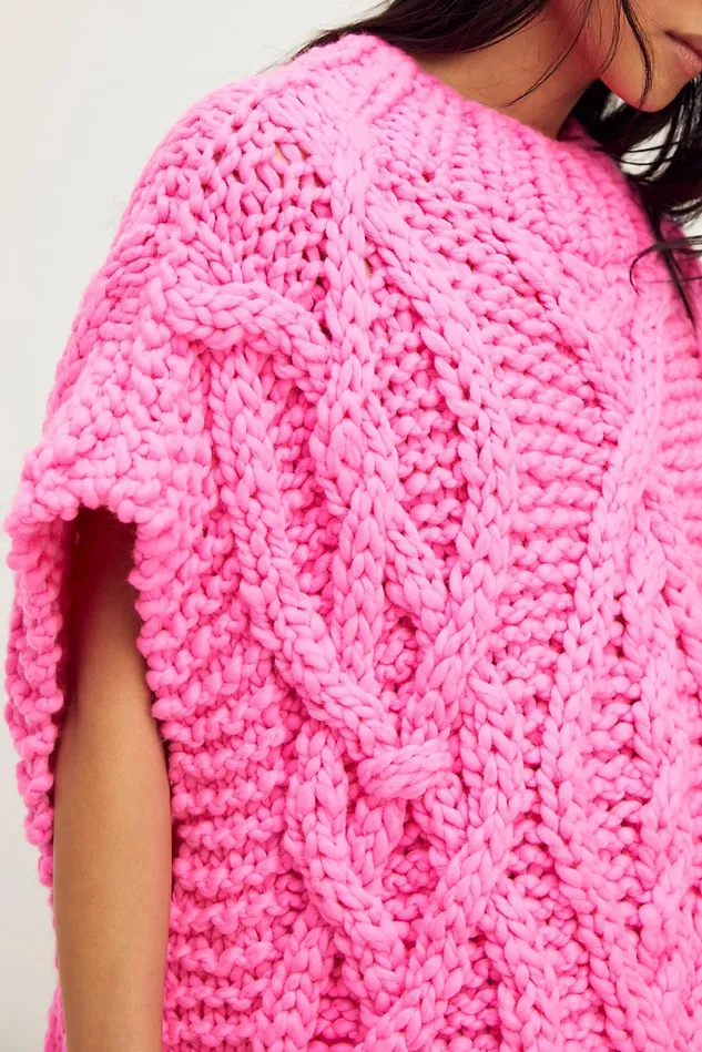 Women Sweaters Free People Mountain Cable Poncho Spicy Hot Pink