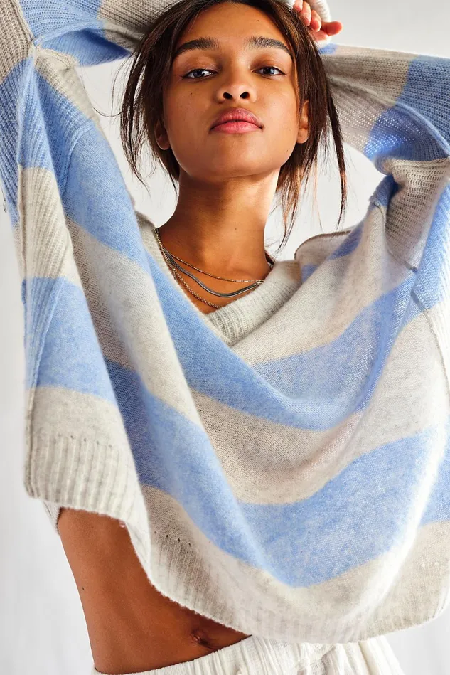 Women Sweaters Free People Think Of You Stripe Cashmere Tunic Storm Cloud Combo