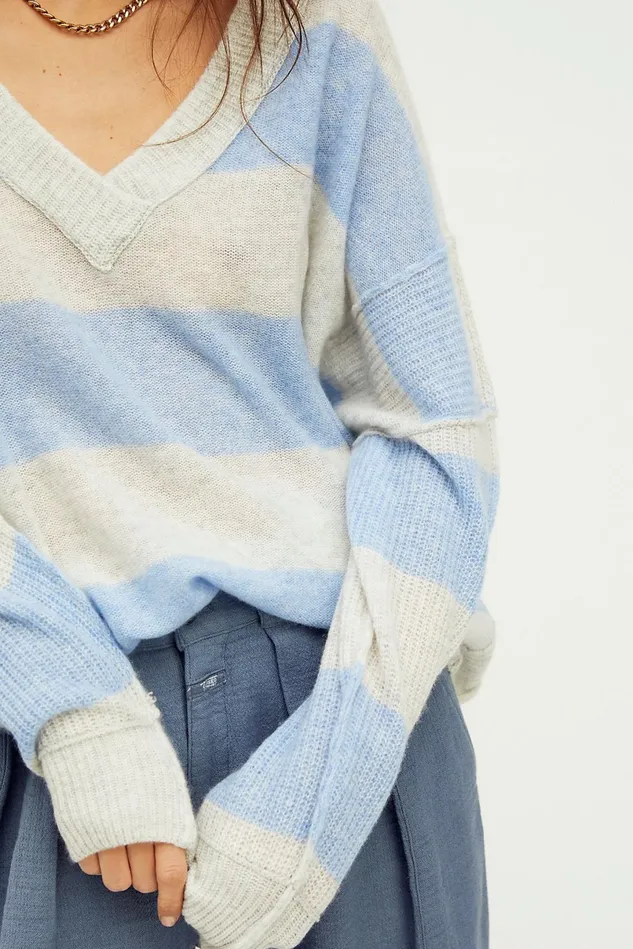 Women Sweaters Free People Think Of You Stripe Cashmere Tunic Storm Cloud Combo