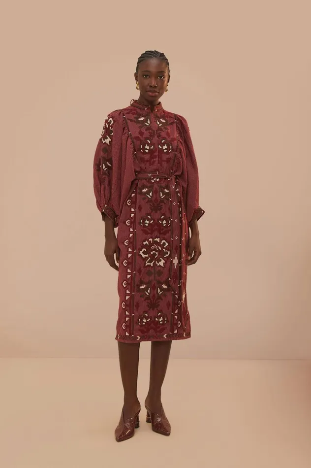 Women Toucans Scarf Cross Stitch Embroidered Midi Dress Burgundy FARM Rio Midi Dresses Women Toucans Scarf Cross Stitch Embroidered Midi Dress Burgundy FARM Rio Midi Dresses