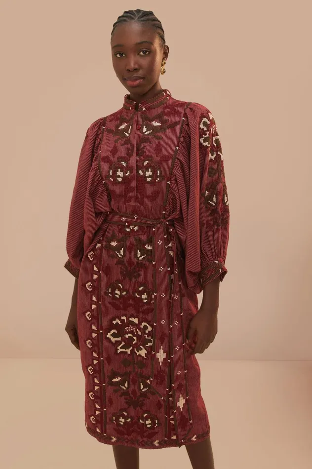 Women Toucans Scarf Cross Stitch Embroidered Midi Dress Burgundy FARM Rio Midi Dresses