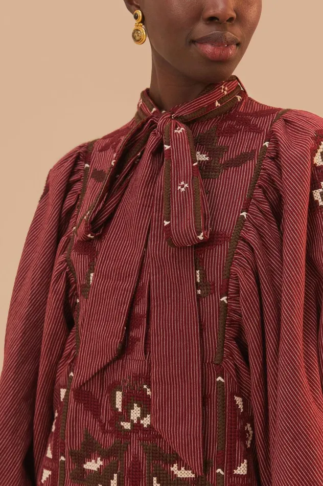 Women Toucans Scarf Cross Stitch Embroidered Midi Dress Burgundy FARM Rio Midi Dresses