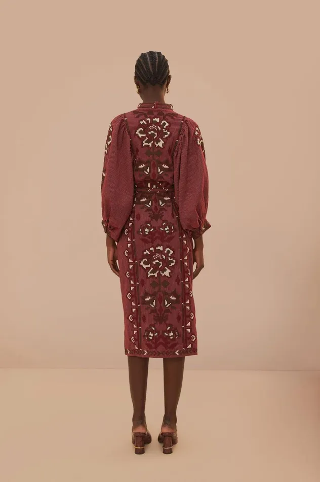 Women Toucans Scarf Cross Stitch Embroidered Midi Dress Burgundy FARM Rio Midi Dresses
