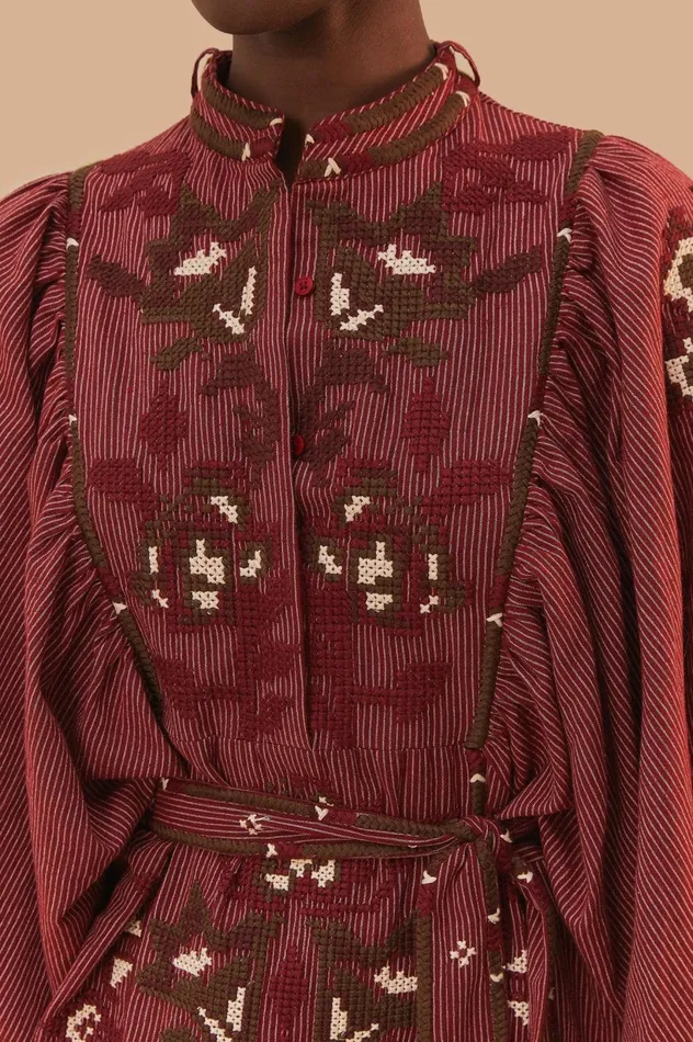 Women Toucans Scarf Cross Stitch Embroidered Midi Dress Burgundy FARM Rio Midi Dresses